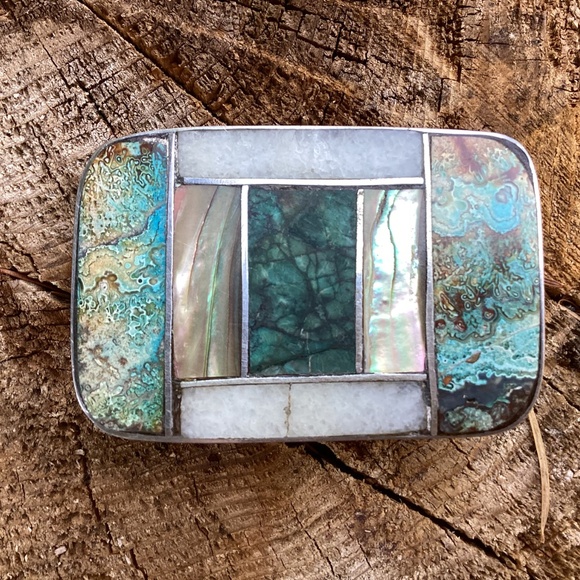 Vintage Silver Turquoise Mother Of Pearl Quartz Stones Inlay Belt Buckle - Picture 5 of 14